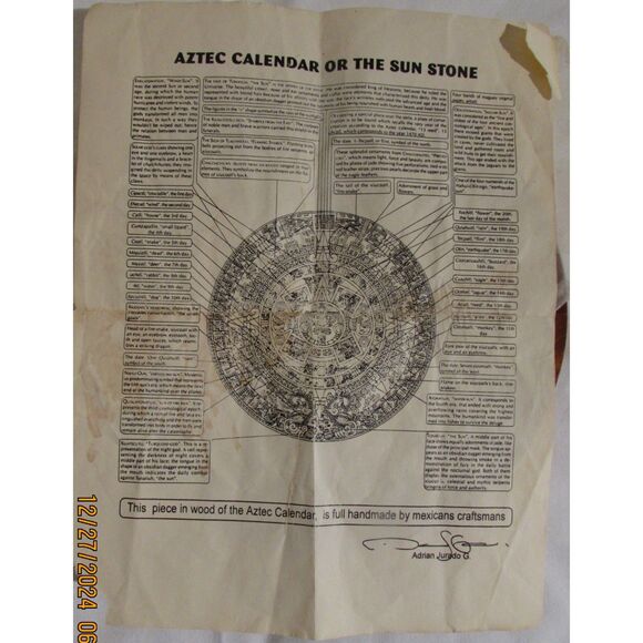 Aztec Mayan inlaid mosaic wood calendar Adrian Jurado signed paperwork gallery - Picture 6 of 8